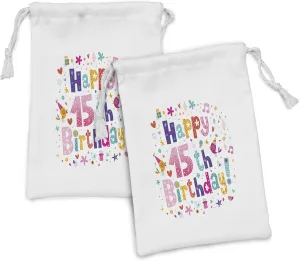 Ambesonne 15th Birthday Fabric Pouch Set of 2, Girlish Design Teenager in Cartoon Style Birds and Flowers Print, Small Drawstring Bag for Toiletries Masks and Favors, 9" x 6", Multicolor