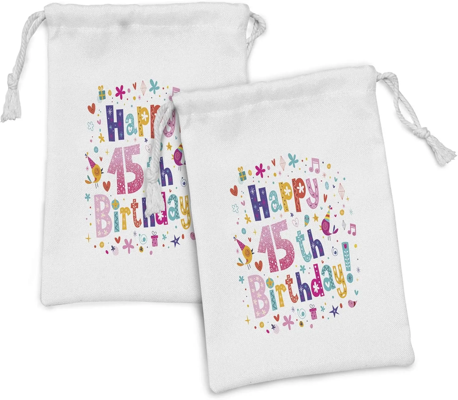 Ambesonne 15th Birthday Fabric Pouch Set of 2, Girlish Design Teenager in Cartoon Style Birds and Flowers Print, Small Drawstring Bag for Toiletries Masks and Favors, 9" x 6", Multicolor