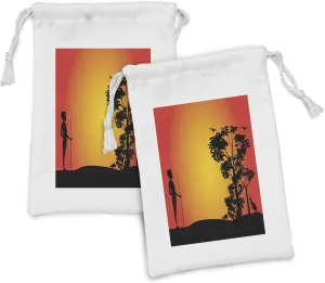Ambesonne Aboriginal Fabric Pouch Set of 2, Hunting Man with Kangaroo Mouse and Tree Silhouettes, Small Drawstring Bag for Toiletries Masks and Favors, 9" x 6", Vermilion Yellow