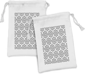 Ambesonne Aboriginal Fabric Pouch Set of 2, Monochromatic Style Floral Motifs with Dots Folkloric Print, Small Drawstring Bag for Toiletries Masks and Favors, 9" x 6", Charcoal Grey White
