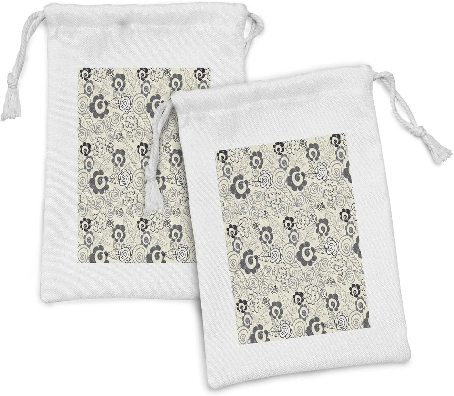 Ambesonne Abstract Fabric Pouch Set of 2, Repeated Pattern Illustration of Floral Shapes with Leaves Art Print, Small Drawstring Bag for Toiletries Masks and Favors, 9" x 6", Eggshell and Purpleblue
