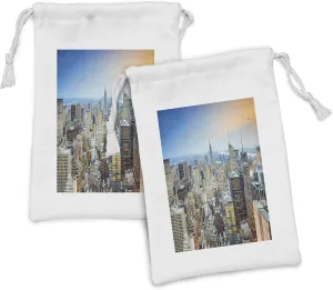Ambesonne American Fabric Pouch Set of 2, New York City Aerial with Skyscrapers Manhattan Urban Architecture Panorama, Small Drawstring Bag for Toiletries Masks and Favors, 9" x 6", Grey Blue Peach