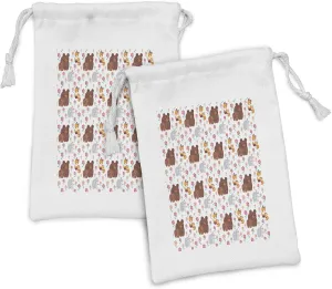 Ambesonne Animal Fabric Pouch Set of 2, Mothers Day with and Mom Maternal Fox Rabbit Flowers Family Concept, Small Drawstring Bag for Toiletries Masks and Favors, 9" x 6", Multicolor