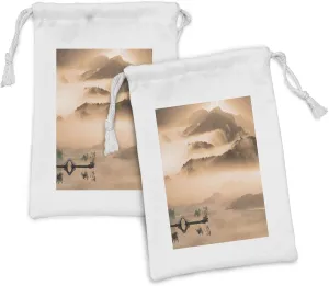 Ambesonne Art Fabric Pouch Set of 2, Chinese Lake Landscape Before Majestic Foggy Mountains in Mist Clouds Dramatic Hill View, Small Drawstring Bag for Toiletries Masks and Favors, 9" x 6", Peach