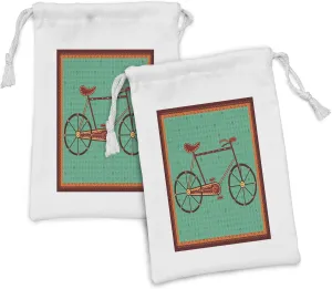 Ambesonne Bicycle Fabric Pouch Set of 2, Design of a Bike in Desi Art Style Folkloric Framework, Small Drawstring Bag for Toiletries Masks and Favors, 9" x 6", Green Brown Orange
