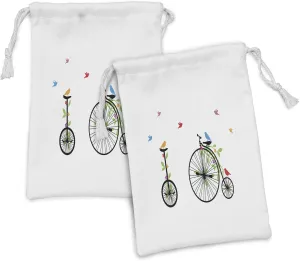 Ambesonne Bicycle Fabric Pouch Set of 2, Flying Birds and Flowers on Old Single Wheel Bikes Happiness and Joy Pedals Graphic, Small Drawstring Bag for Toiletries Masks and Favors, 9" x 6", Multicolor