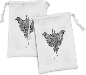 Ambesonne Black and White Fabric Pouch Set of 2, Hand Drawn Cramp Fish Style Ornament Boho, Small Drawstring Bag for Toiletries Masks and Favors, 9" x 6", Black and White