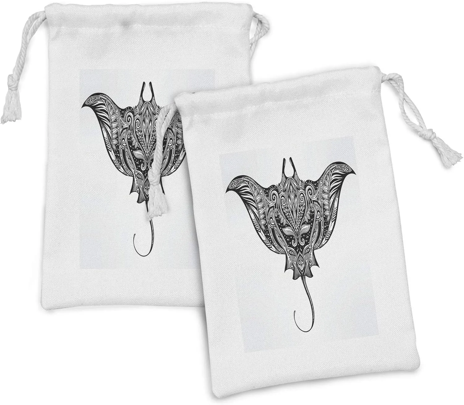 Ambesonne Black and White Fabric Pouch Set of 2, Hand Drawn Cramp Fish Style Ornament Boho, Small Drawstring Bag for Toiletries Masks and Favors, 9" x 6", Black and White