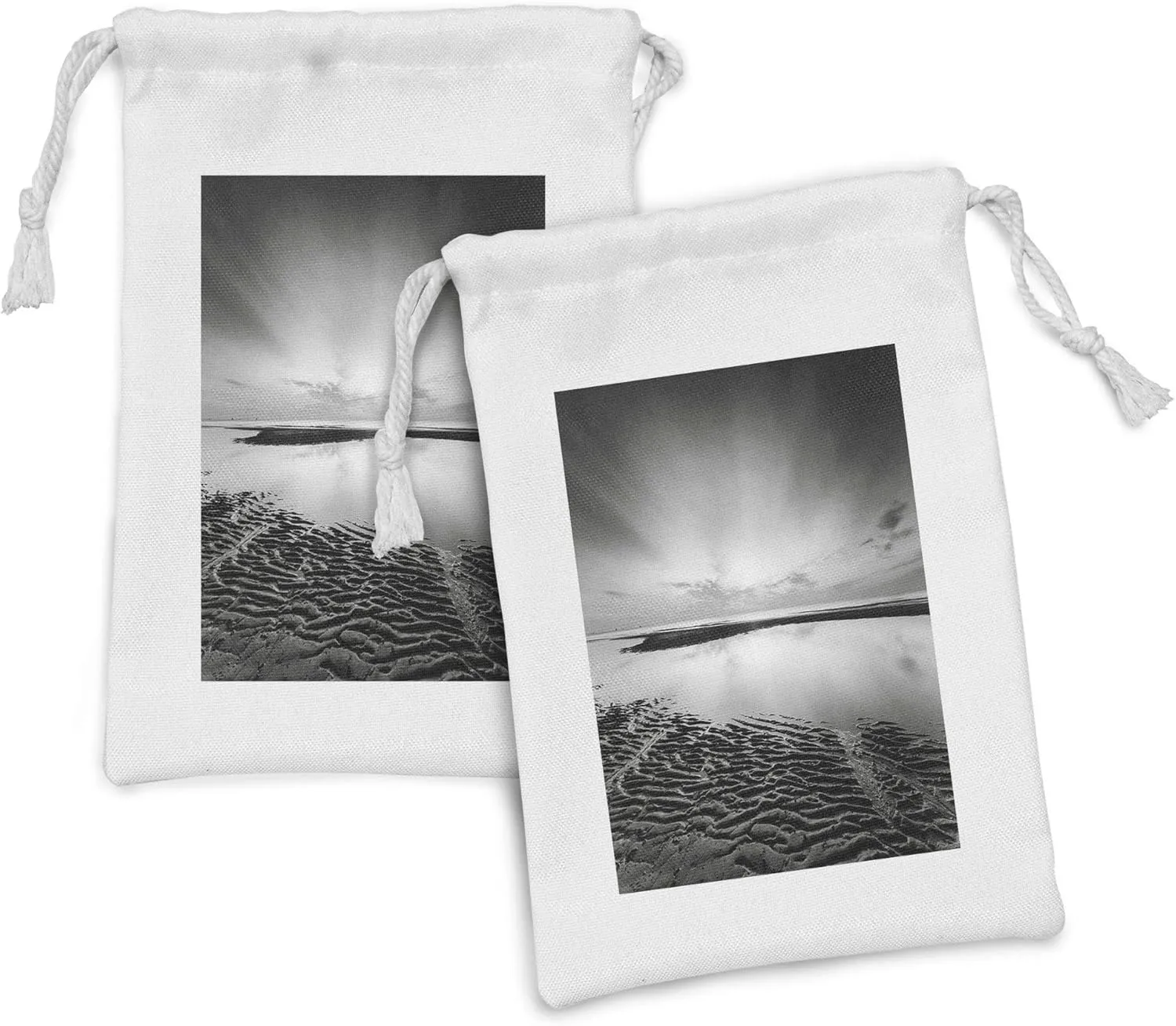 Ambesonne Black and White Fabric Pouch Set of 2, Idyllic Sunrise at the Beach Rippled Seashore Dramatic View Image, Small Drawstring Bag for Toiletries Masks and Favors, 9" x 6", Black White Grey