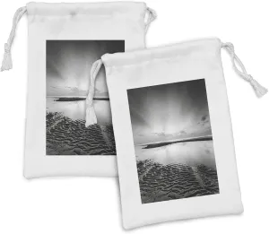 Ambesonne Black and White Fabric Pouch Set of 2, Idyllic Sunrise at the Beach Rippled Seashore Dramatic View Image, Small Drawstring Bag for Toiletries Masks and Favors, 9" x 6", Black White Grey
