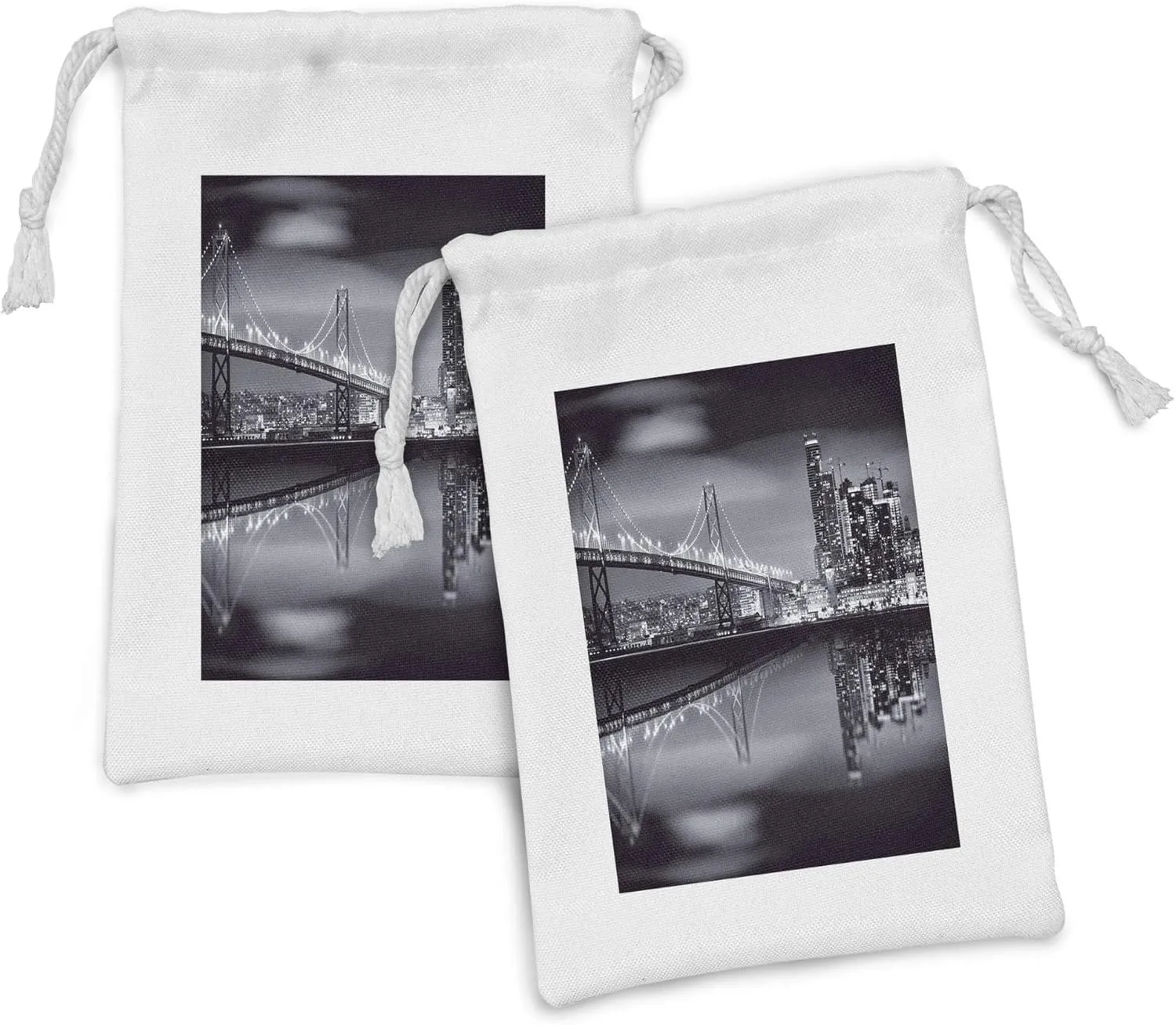 Ambesonne Black and White Fabric Pouch Set of 2, San Francisco Bay Bridge Metropolis Panorama View with Skyscrapers Print, Small Drawstring Bag for Toiletries Masks and Favors, 9" x 6", Dark Green