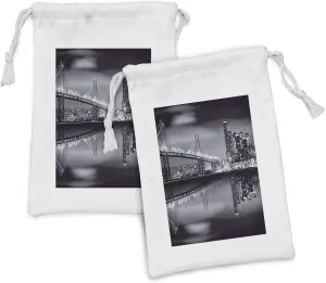 Ambesonne Black and White Fabric Pouch Set of 2, San Francisco Bay Bridge Metropolis Panorama View with Skyscrapers Print, Small Drawstring Bag for Toiletries Masks and Favors, 9" x 6", Dark Green