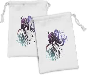 Ambesonne Cartoon Fabric Pouch Set of 2, Abstract Portrait of an Girl Wearing a Crown and Floral Ornamentations, Small Drawstring Bag for Toiletries Masks and Favors, 9" x 6", Multicolor