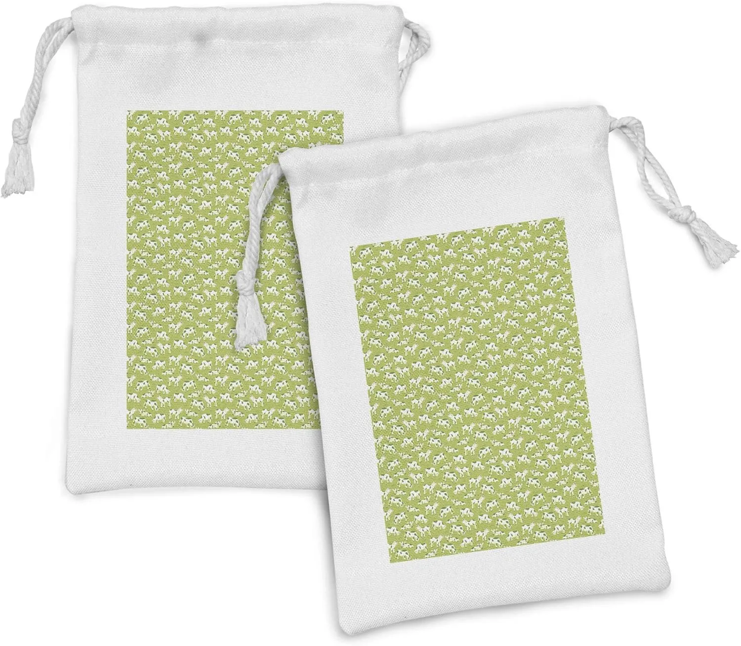 Ambesonne Cattle Fabric Pouch Set of 2, Style Cartoon of Bovines as Repeating Pattern on Green Meadow, Small Drawstring Bag for Toiletries Masks and Favors, 9" x 6", Apple Green Pale Orange