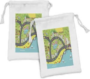 Ambesonne City Fabric Pouch Set of 2, Landscape of Urban and Suburbs with Colorful City Elements Skyscrapers and Highways, Small Drawstring Bag for Toiletries Masks and Favors, 9" x 6", Multicolor