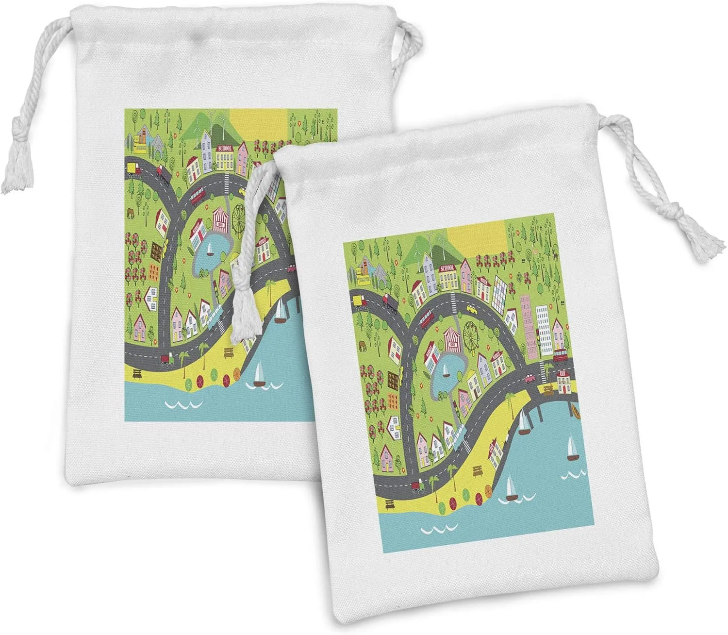 Ambesonne City Fabric Pouch Set of 2, Landscape of Urban and Suburbs with Colorful City Elements Skyscrapers and Highways, Small Drawstring Bag for Toiletries Masks and Favors, 9" x 6", Multicolor
