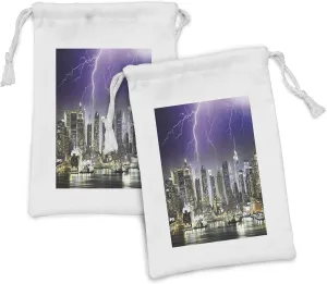 Ambesonne City Fabric Pouch Set of 2, Storm and Thunder at Night in New York City Apocalyptic Dramatic View, Small Drawstring Bag for Toiletries Masks and Favors, 9" x 6", Charcoal Grey Indigo