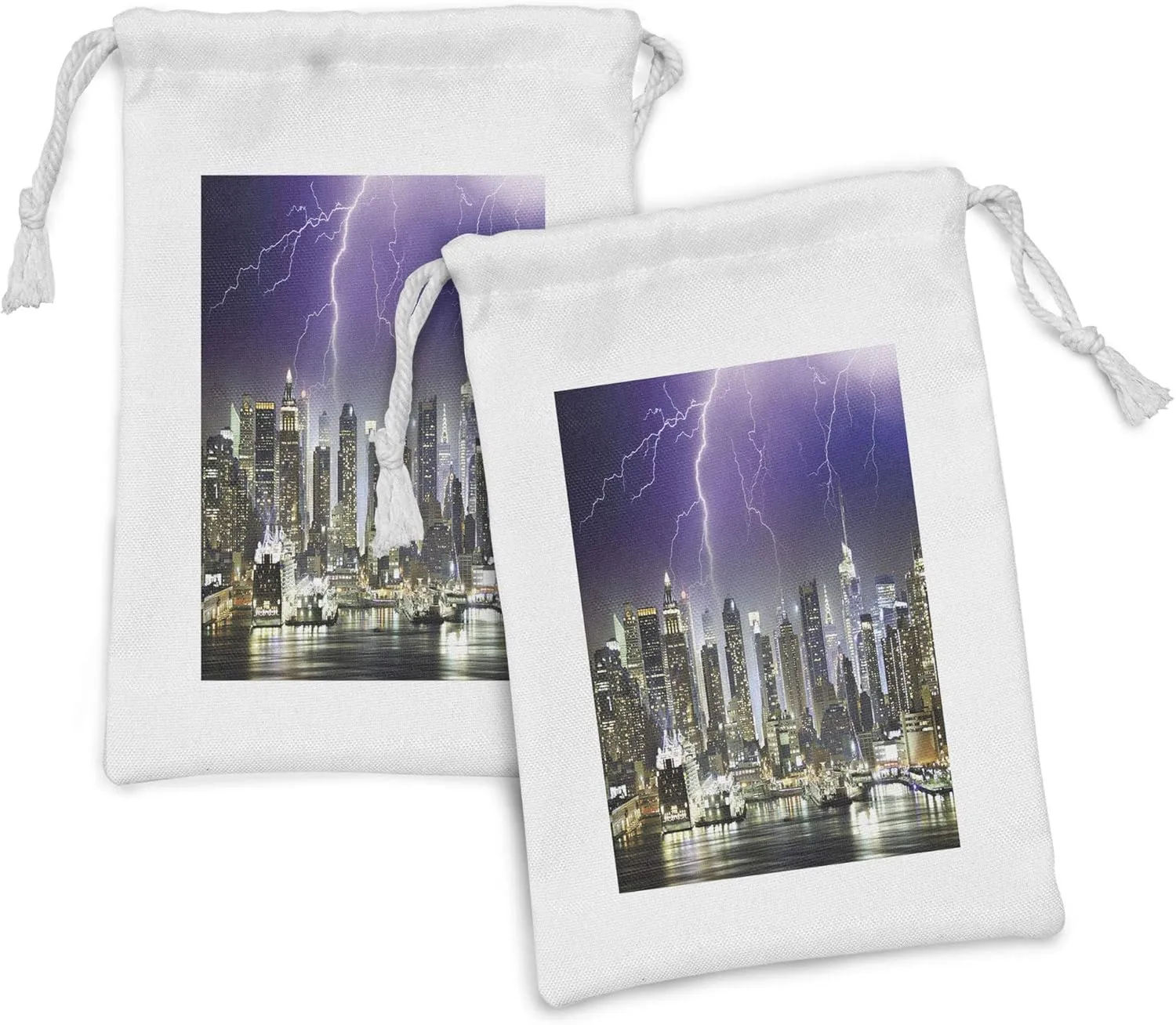 Ambesonne City Fabric Pouch Set of 2, Storm and Thunder at Night in New York City Apocalyptic Dramatic View, Small Drawstring Bag for Toiletries Masks and Favors, 9" x 6", Charcoal Grey Indigo