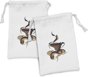 Ambesonne Coffee Fabric Pouch Set of 2, Coffee Cup with Abstract Curved Lines Refreshing Aromatic Drink Pattern, Small Drawstring Bag for Toiletries Masks and Favors, 9" x 6", Black Brown Sand Brown