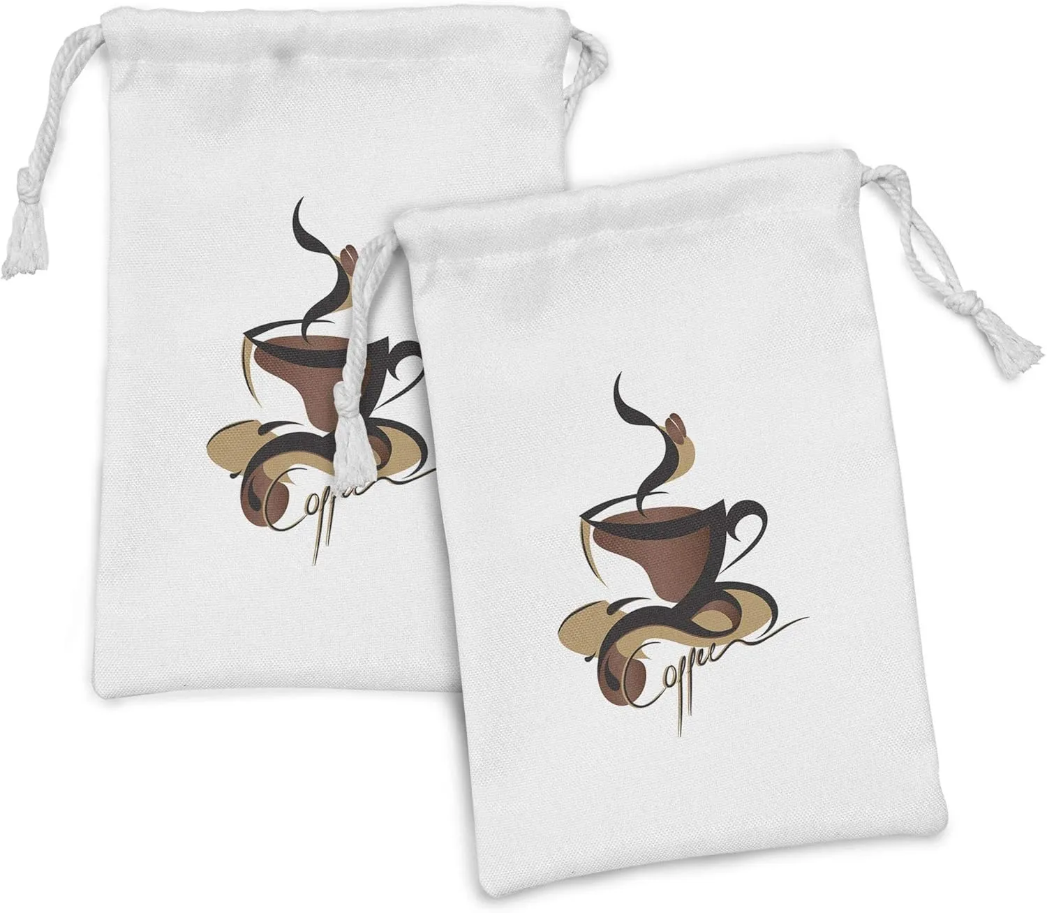 Ambesonne Coffee Fabric Pouch Set of 2, Coffee Cup with Abstract Curved Lines Refreshing Aromatic Drink Pattern, Small Drawstring Bag for Toiletries Masks and Favors, 9" x 6", Black Brown Sand Brown