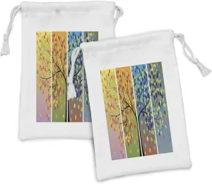 Ambesonne Colorful Fabric Pouch Set of 2, Tree Various Ornamentations Colorful Composition Cartoon Style Digital Drawing, Small Drawstring Bag for Toiletries Masks and Favors, 9" x 6", Multicolor