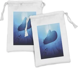 Ambesonne Deep Sea Fabric Pouch Set of 2, Undersea Monochrome Submarine in Sun Glare, Small Drawstring Bag for Toiletries Masks and Favors, 9" x 6", Cobalt Blue Aqua