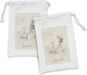 Ambesonne Dog Fabric Pouch Set of 2, Romantic Postcard from Paris Pattern Dog in Basket of the Bicycle Illustration, Small Drawstring Bag for Toiletries Masks and Favors, 9" x 6", Eggshell and Coral