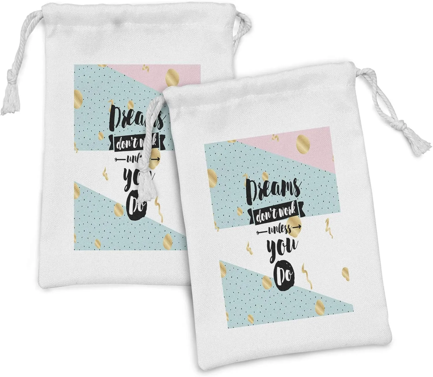 Ambesonne Dream Fabric Pouch Set of 2, Dreams Dont Work Unless You Do Inscription Abstract Hipster Retro Style Composition, Small Drawstring Bag for Toiletries Masks and Favors, 9" x 6", Multicolor