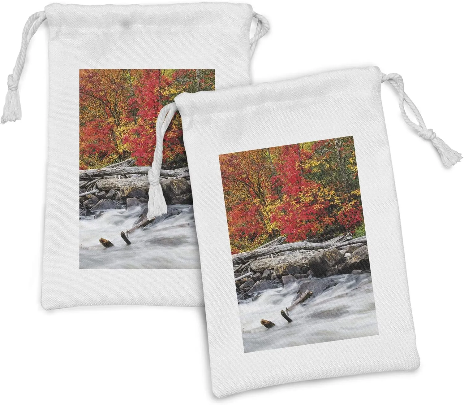 Ambesonne Driftwood Fabric Pouch Set of 2, Raft of Driftwood Lies by Rushing Rocky Streamutumn Season Forest Digital Image, Small Drawstring Bag for Toiletries Masks and Favors, 9" x 6", Red