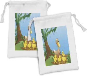 Ambesonne Duck Fabric Pouch Set of 2, Illustration of Duck and Her Ducklings at Riverbank Tree and Grass Cartoon Style, Small Drawstring Bag for Toiletries Masks and Favors, 9" x 6", Multicolor