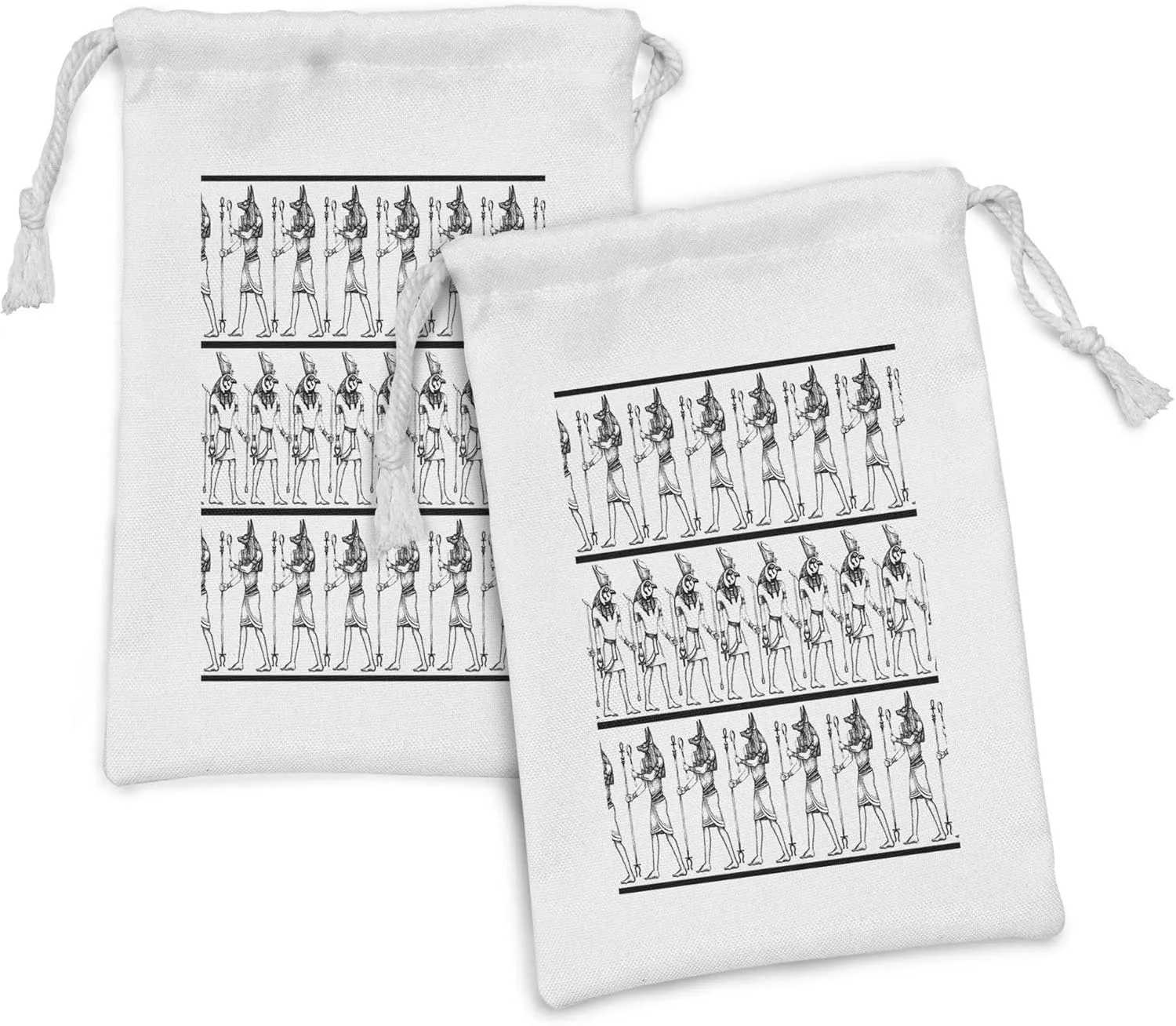 Ambesonne Egyptian Print Fabric Pouch Set of 2, Hieroglyphics with Anubis Traditional Cultural Mummy After Life Art, Small Drawstring Bag for Toiletries Masks and Favors, 9" x 6", Black White