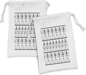 Ambesonne Egyptian Print Fabric Pouch Set of 2, Hieroglyphics with Anubis Traditional Cultural Mummy After Life Art, Small Drawstring Bag for Toiletries Masks and Favors, 9" x 6", Black White