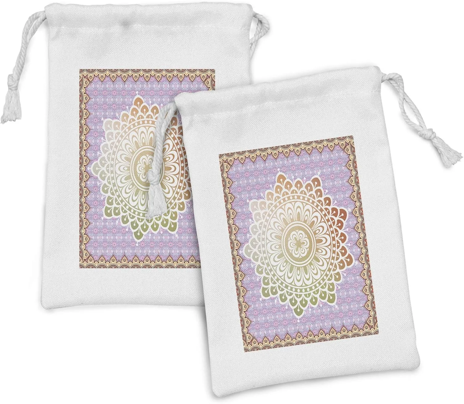 Ambesonne Ethnic Fabric Pouch Set of 2, Microcosm Mandala with Floral Petal Forms in Soft Pastel Tone Illustration, Small Drawstring Bag for Toiletries Masks and Favors, 9" x 6", Mint Lilac