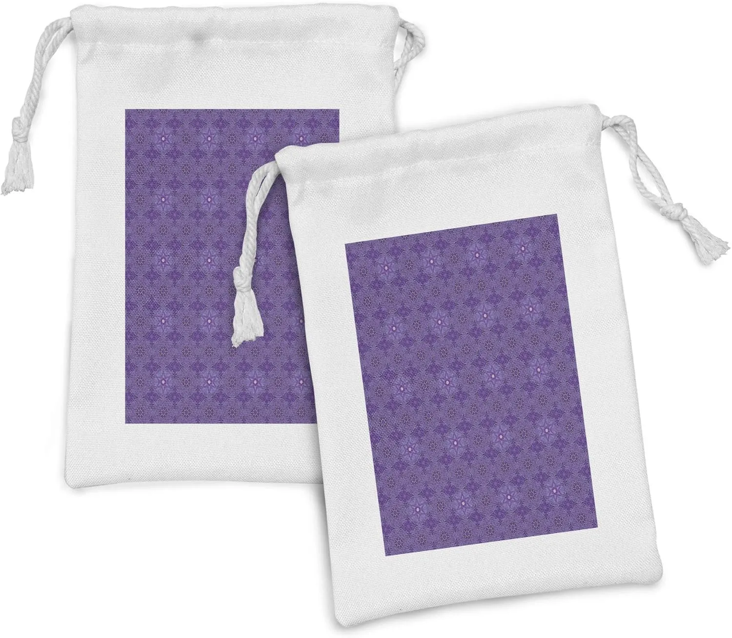 Ambesonne Ethnic Fabric Pouch Set of 2, Pattern of Eastern Motifs Mandala Design Consisting of Flowers, Small Drawstring Bag for Toiletries Masks and Favors, 9" x 6", Blue Violet Quartz