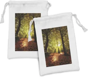 Ambesonne Fall Fabric Pouch Set of 2, Blurry View of Forest Defoliation Mysterious Dramatic Dreamlike View, Small Drawstring Bag for Toiletries Masks and Favors, 9" x 6", Pale Green Red Brown