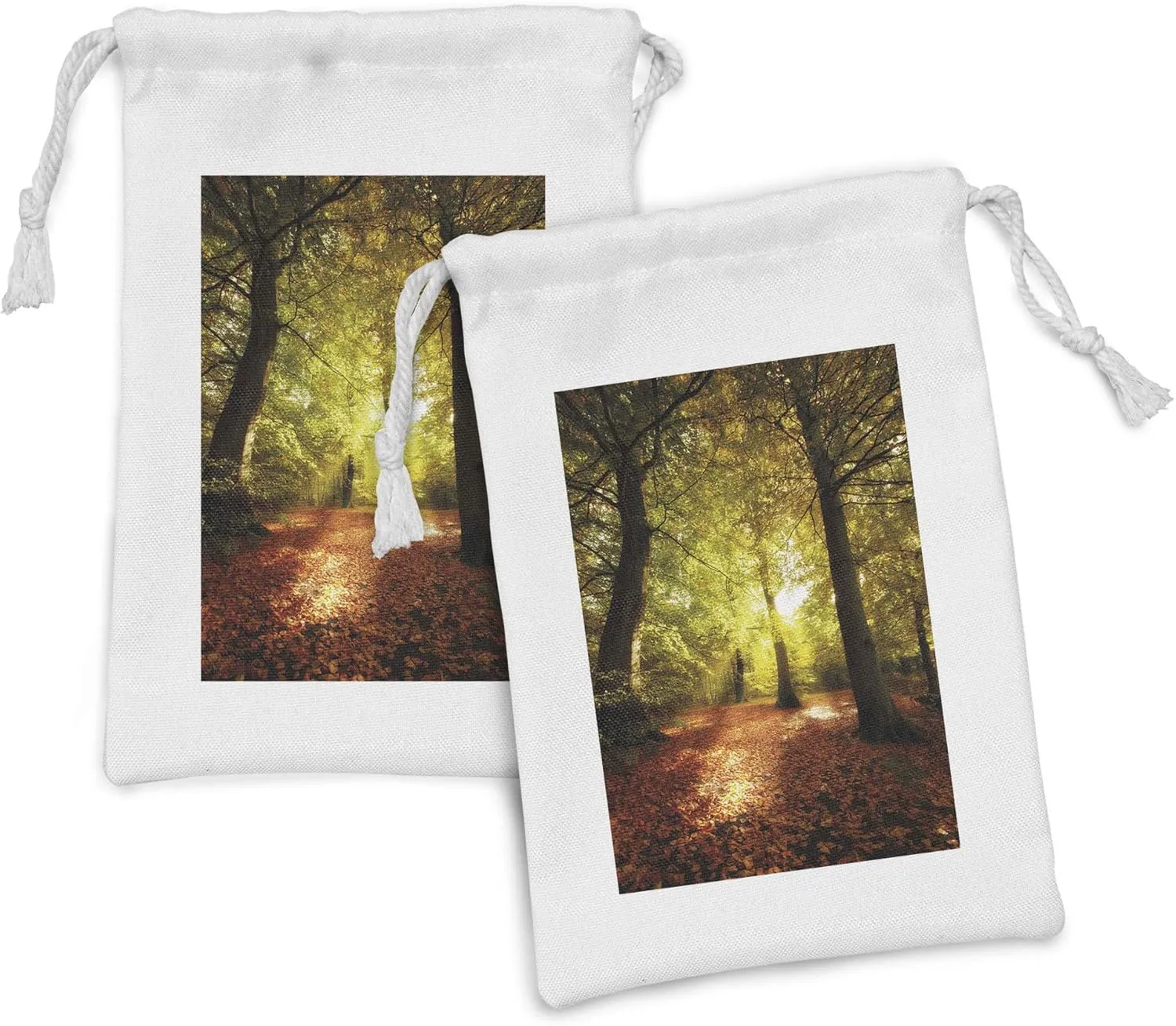 Ambesonne Fall Fabric Pouch Set of 2, Blurry View of Forest Defoliation Mysterious Dramatic Dreamlike View, Small Drawstring Bag for Toiletries Masks and Favors, 9" x 6", Pale Green Red Brown