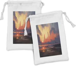 Ambesonne Fantasy World Fabric Pouch Set of 2, Man on Sandy Beach with City Skyscrapers Skyline Sunset Oil Paint Graphic, Small Drawstring Bag for Toiletries Masks and Favors, 9" x 6", Orange Blue
