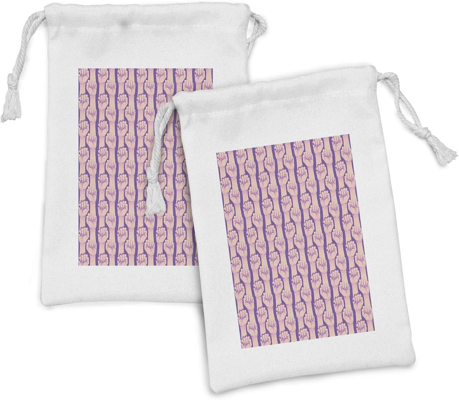 Ambesonne Feminist Fabric Pouch Set of 2, Feminist Ideology Themed Multiple Female Hands as Fists Raised, Small Drawstring Bag for Toiletries Masks and Favors, 9" x 6", Blue Violet Pale Peach