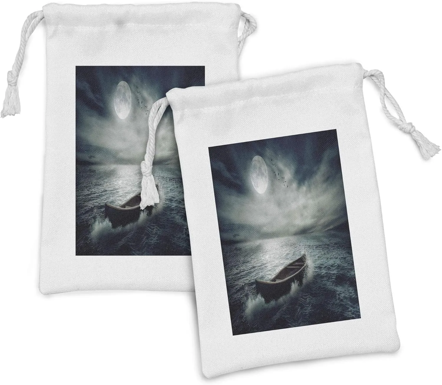 Ambesonne Fishing Fabric Pouch Set of 2, Boat Drifting in Ocean Full Moon Dramatic Night Sky Life Hope Conceptrt, Small Drawstring Bag for Toiletries Masks and Favors, 9" x 6", Dark Blue White