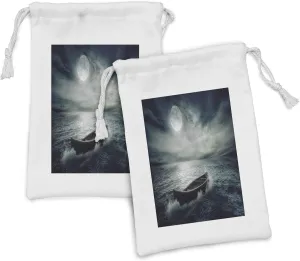 Ambesonne Fishing Fabric Pouch Set of 2, Boat Drifting in Ocean Full Moon Dramatic Night Sky Life Hope Conceptrt, Small Drawstring Bag for Toiletries Masks and Favors, 9" x 6", Dark Blue White