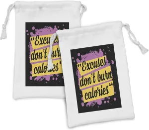 Ambesonne Fitness Fabric Pouch Set of 2, Fitness Motivation Words Excuses Dont Burn Calories Modern Design, Small Drawstring Bag for Toiletries Masks and Favors, 9" x 6", Lilac Yellow Black