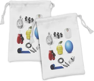 Ambesonne Fitness Fabric Pouch Set of 2, Realistic Vivid Workout Items Burning Calories Weight Loss Athletic Motivation, Small Drawstring Bag for Toiletries Masks and Favors, 9" x 6", Multicolor