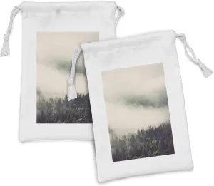 Ambesonne Fog Fabric Pouch Set of 2, Evergreen Forests on Mountain Slopes Dense Trees with Misty View, Small Drawstring Bag for Toiletries Masks and Favors, 9" x 6", Reseda Green Dark Green
