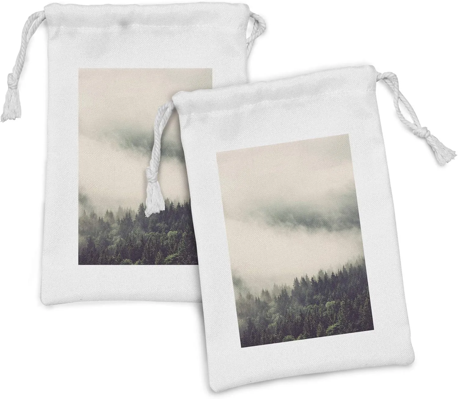 Ambesonne Fog Fabric Pouch Set of 2, Evergreen Forests on Mountain Slopes Dense Trees with Misty View, Small Drawstring Bag for Toiletries Masks and Favors, 9" x 6", Reseda Green Dark Green