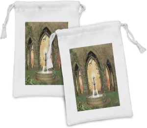 Ambesonne Fountain Fabric Pouch Set of 2, Garden of a Dreamy Castle with Ivy Roses on Stone Walls and Streaming Fount, Small Drawstring Bag for Toiletries Masks and Favors, 9" x 6", Fawn Multicolor
