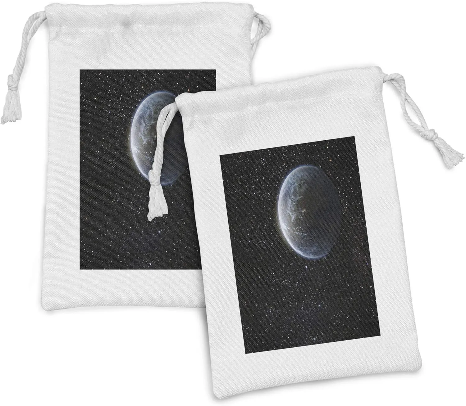 Ambesonne Galaxy Fabric Pouch Set of 2, Scenic View of Planet Earth from Moon Dark Cosmos Crater Sci Fi Theme Image Print, Small Drawstring Bag for Toiletries Masks and Favors, 9" x 6", Blue Black
