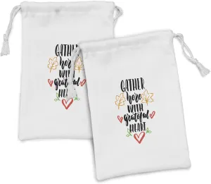 Ambesonne Gather Fabric Pouch Set of 2, Gather Here with Grateful Heart Message with Autumn Maple Leaves Motivation Print, Small Drawstring Bag for Toiletries Masks and Favors, 9" x 6", Multicolor