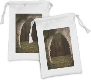Ambesonne Gothic Fabric Pouch Set of 2, Old Retro Arch in the Garden Renaissance Meadow Forest Dark Scary Design Image, Small Drawstring Bag for Toiletries Masks and Favors, 9" x 6", Green Beige
