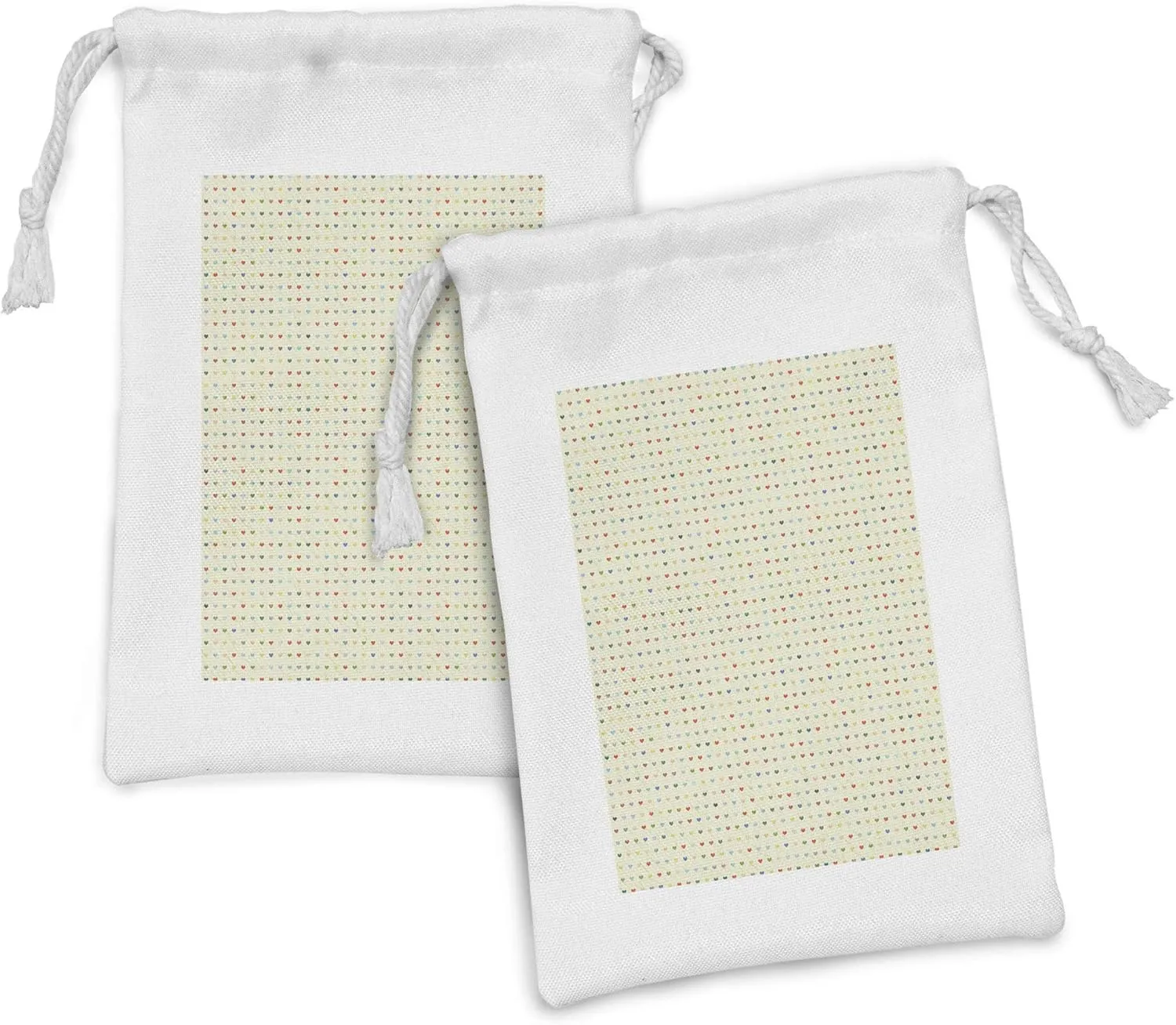 Ambesonne Hearts Fabric Pouch Set of 2, Rhythmic Love Affection Romance Valentines Day on Grunge Background, Small Drawstring Bag for Toiletries Masks and Favors, 9" x 6", Eggshell and Multicolor