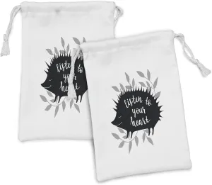 Ambesonne Hedgehog Fabric Pouch Set of 2, Calligraphic Listen to Your Heart Words on Silhouettes of Porcupine, Small Drawstring Bag for Toiletries Masks and Favors, 9" x 6", Grey Black and White